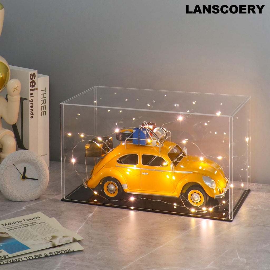 LANSCOERY Acrylic Display Case 6x4x4 - Thickened UV-Resistant Showcase with LED Light and Scraper
