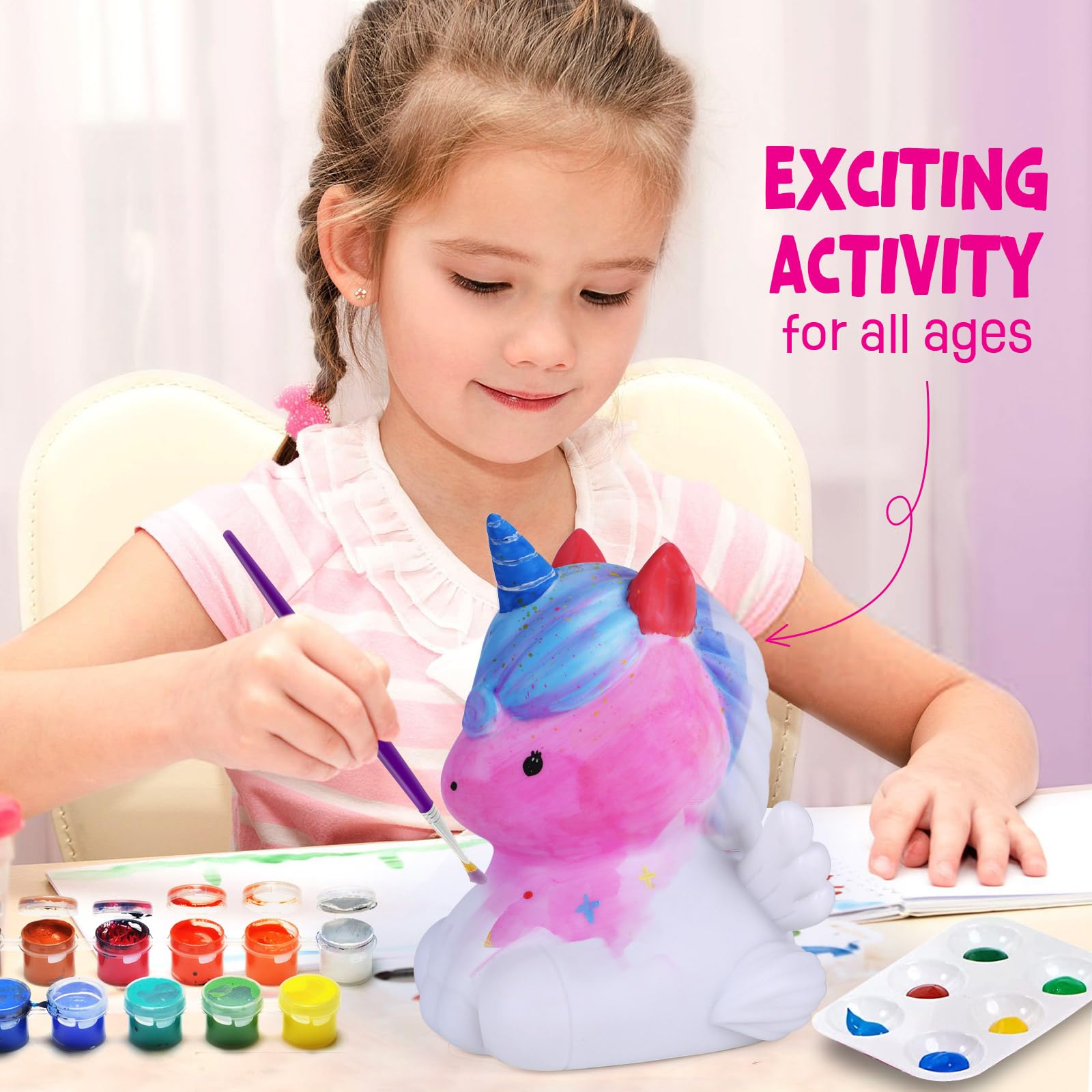 LAOESE Paint Your Own Unicorn Lamp Kit - Craft Kit for Kids Ages 3-12+ with 12 Paints, Brushes, Apron