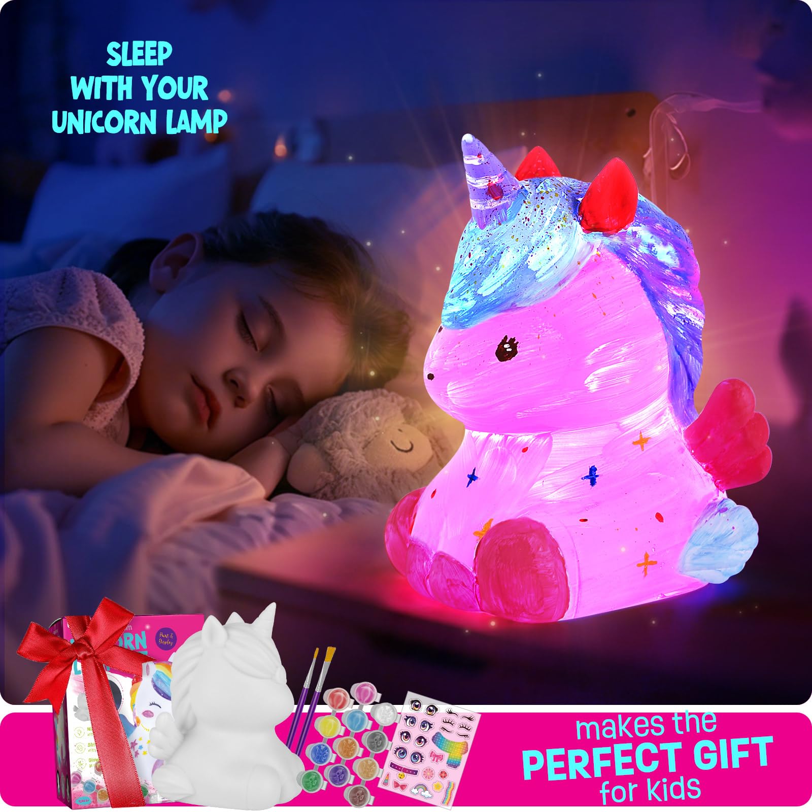 LAOESE Paint Your Own Unicorn Lamp Kit - Craft Kit for Kids Ages 3-12+ with 12 Paints, Brushes, Apron
