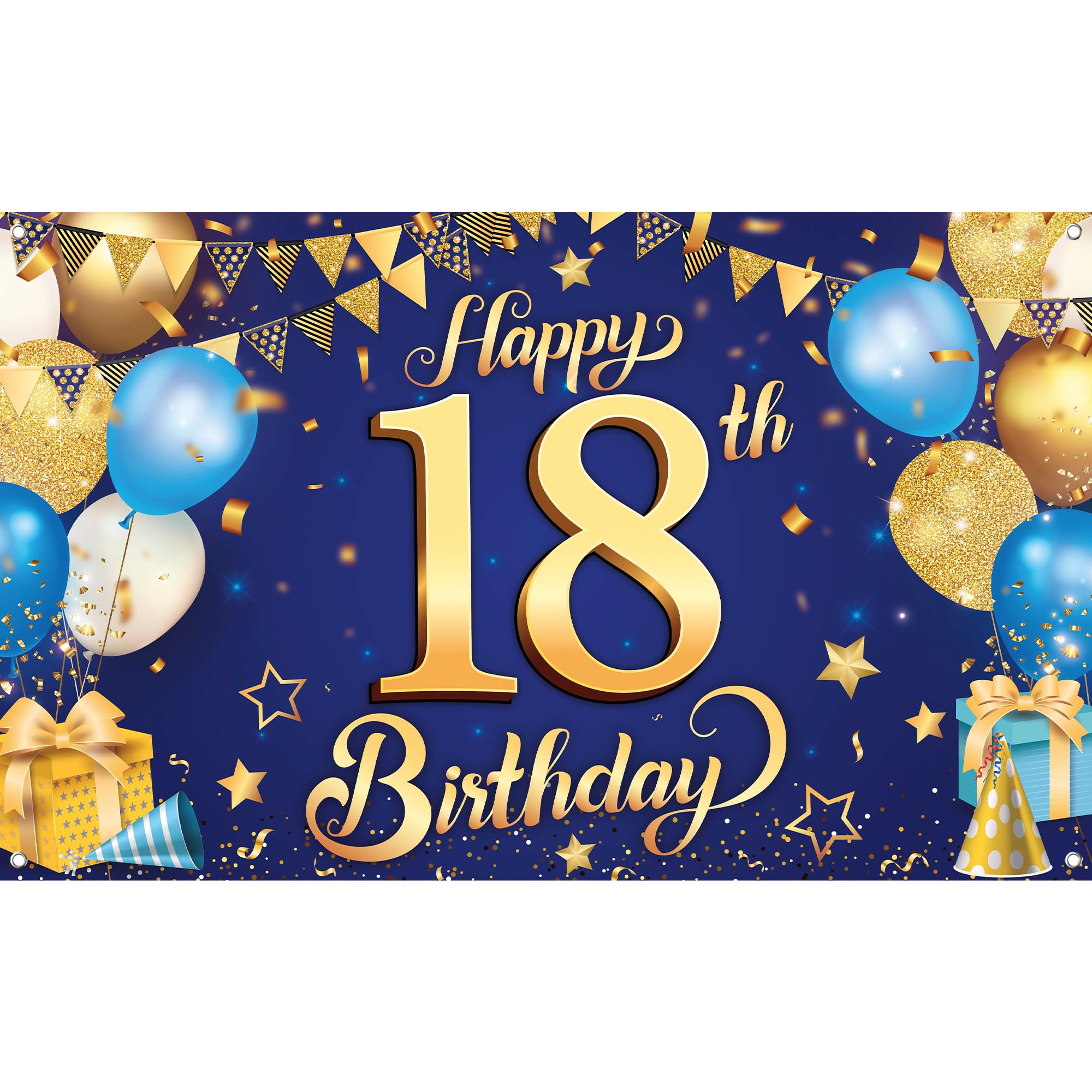 Large Blue and Gold 18th Birthday Banner - Cloth Fabric, 72x44 Inch Reusable Backdrop by KatchOn