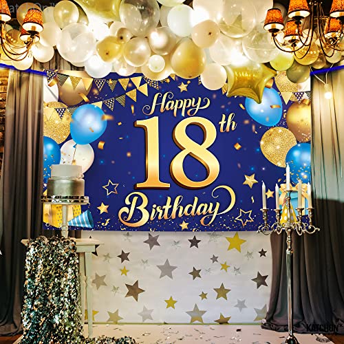 Large Blue and Gold 18th Birthday Banner - Cloth Fabric, 72x44 Inch Reusable Backdrop by KatchOn