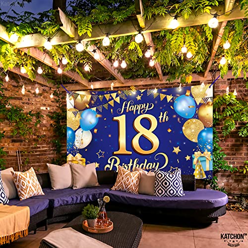 Large Blue and Gold 18th Birthday Banner - Cloth Fabric, 72x44 Inch Reusable Backdrop by KatchOn