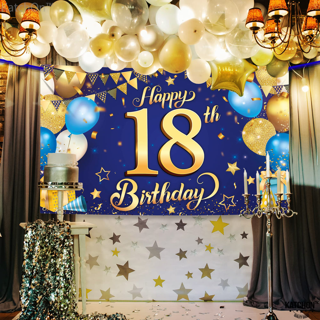 Large Blue and Gold 18th Birthday Banner - Cloth Fabric, 72x44 Inch Reusable Backdrop by KatchOn