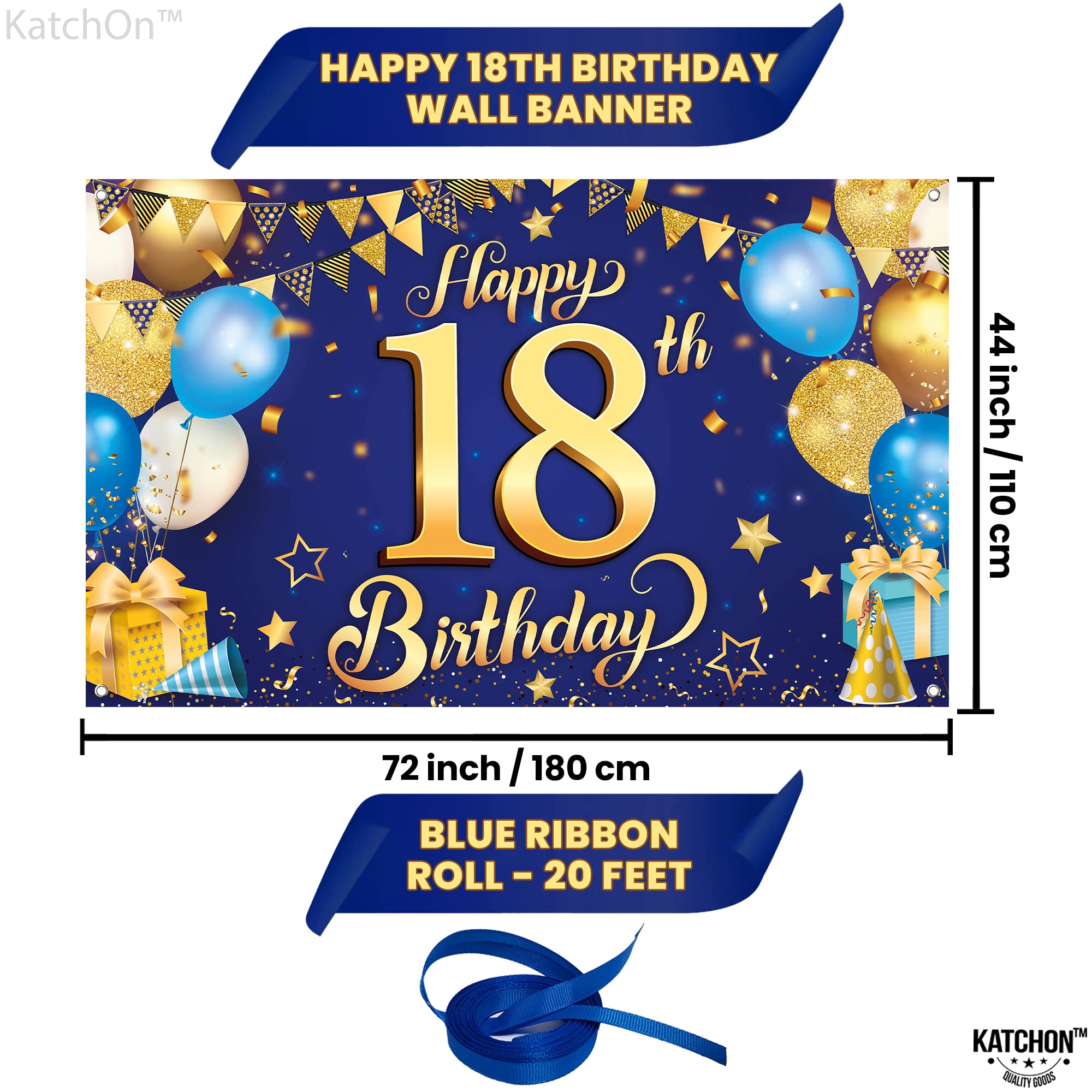 Large Blue and Gold 18th Birthday Banner - Cloth Fabric, 72x44 Inch Reusable Backdrop by KatchOn