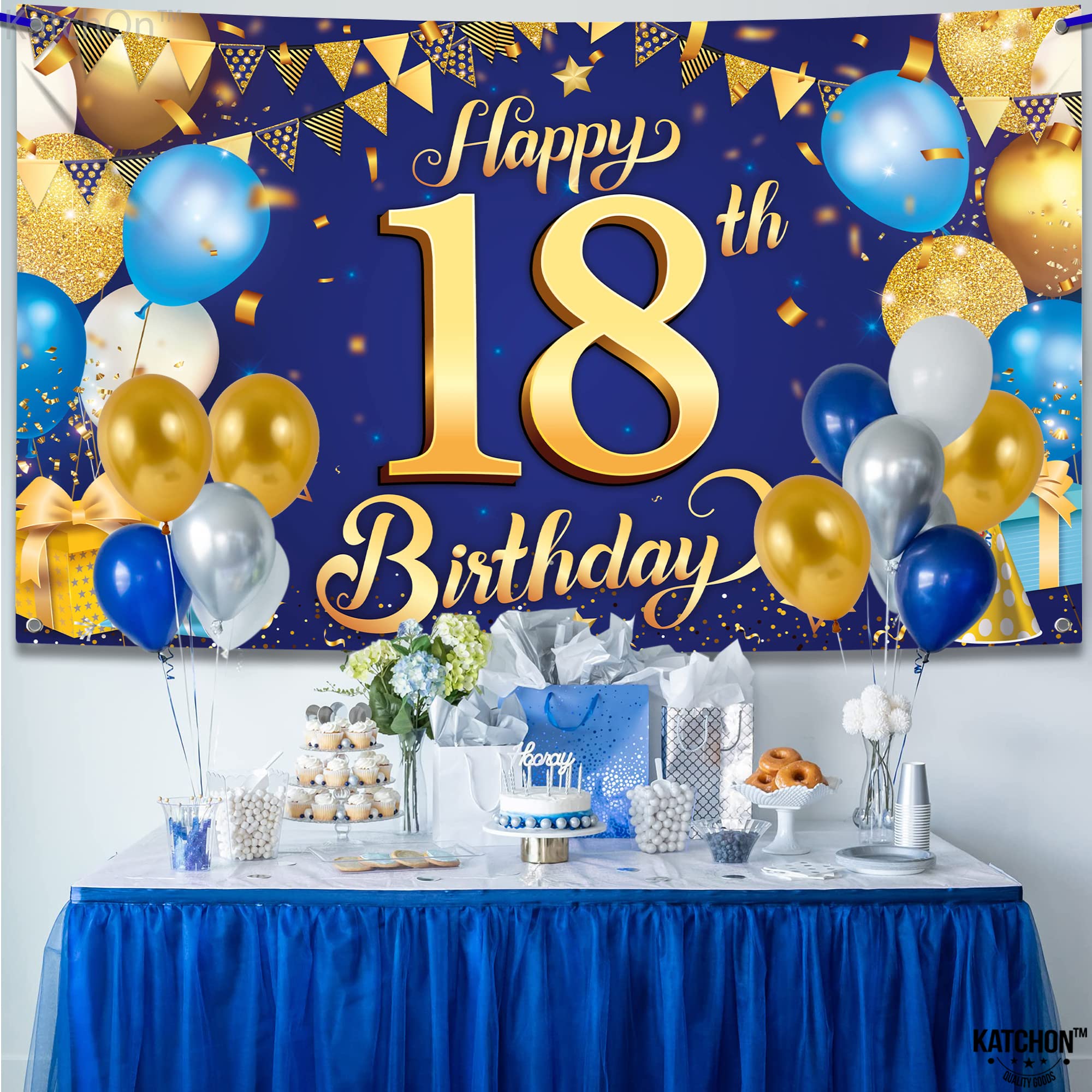 Large Blue and Gold 18th Birthday Banner - Cloth Fabric, 72x44 Inch Reusable Backdrop by KatchOn
