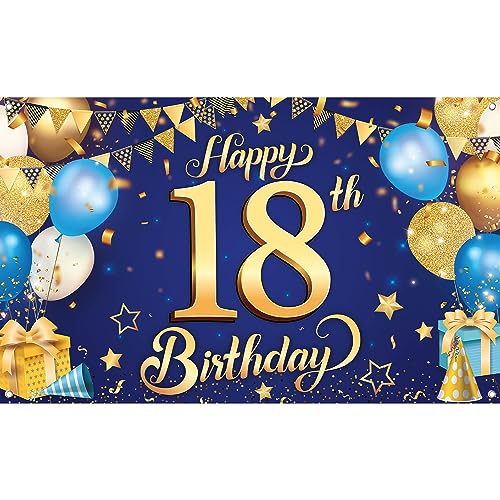 Large Blue and Gold 18th Birthday Banner - Cloth Fabric, 72x44 Inch Reusable Backdrop by KatchOn