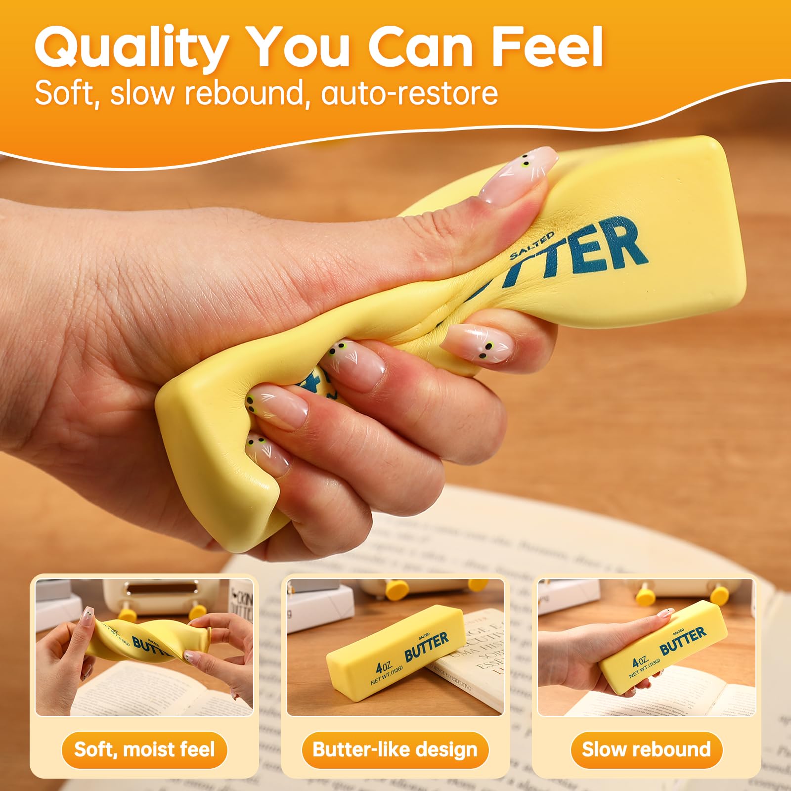 Large Butter Squishy – 14 OZ Slow Rising PU Foam Fidget Toy for Adults (Yellow, 8.7 x 1.8 x 1.8 inches)