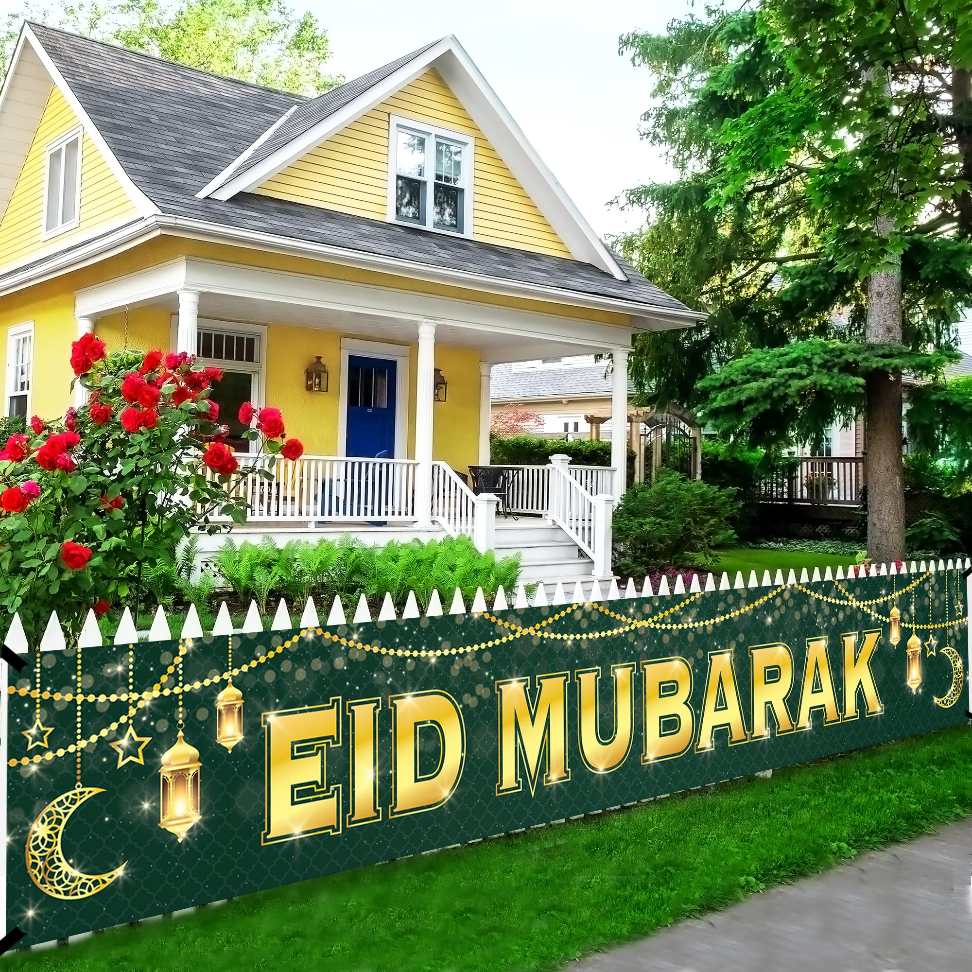Large Eid Mubarak Banner 120x20 Inch Green Gold Design – KatchOn Reusable Cloth Banner for Eid al-Fitr & al-Adha Decorations