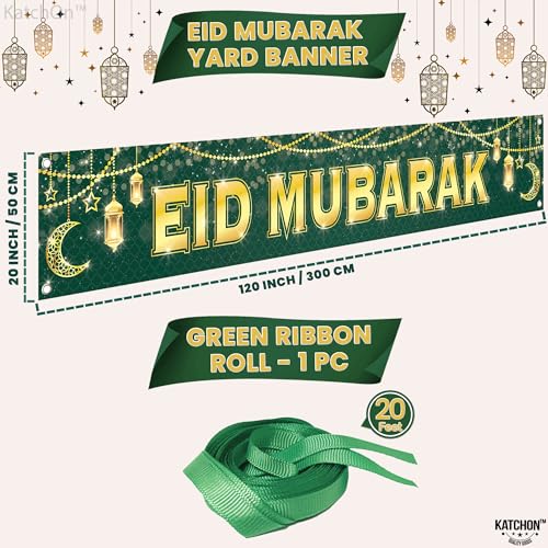 Large Eid Mubarak Banner 120x20 Inch Green Gold Design – KatchOn Reusable Cloth Banner for Eid al-Fitr & al-Adha Decorations