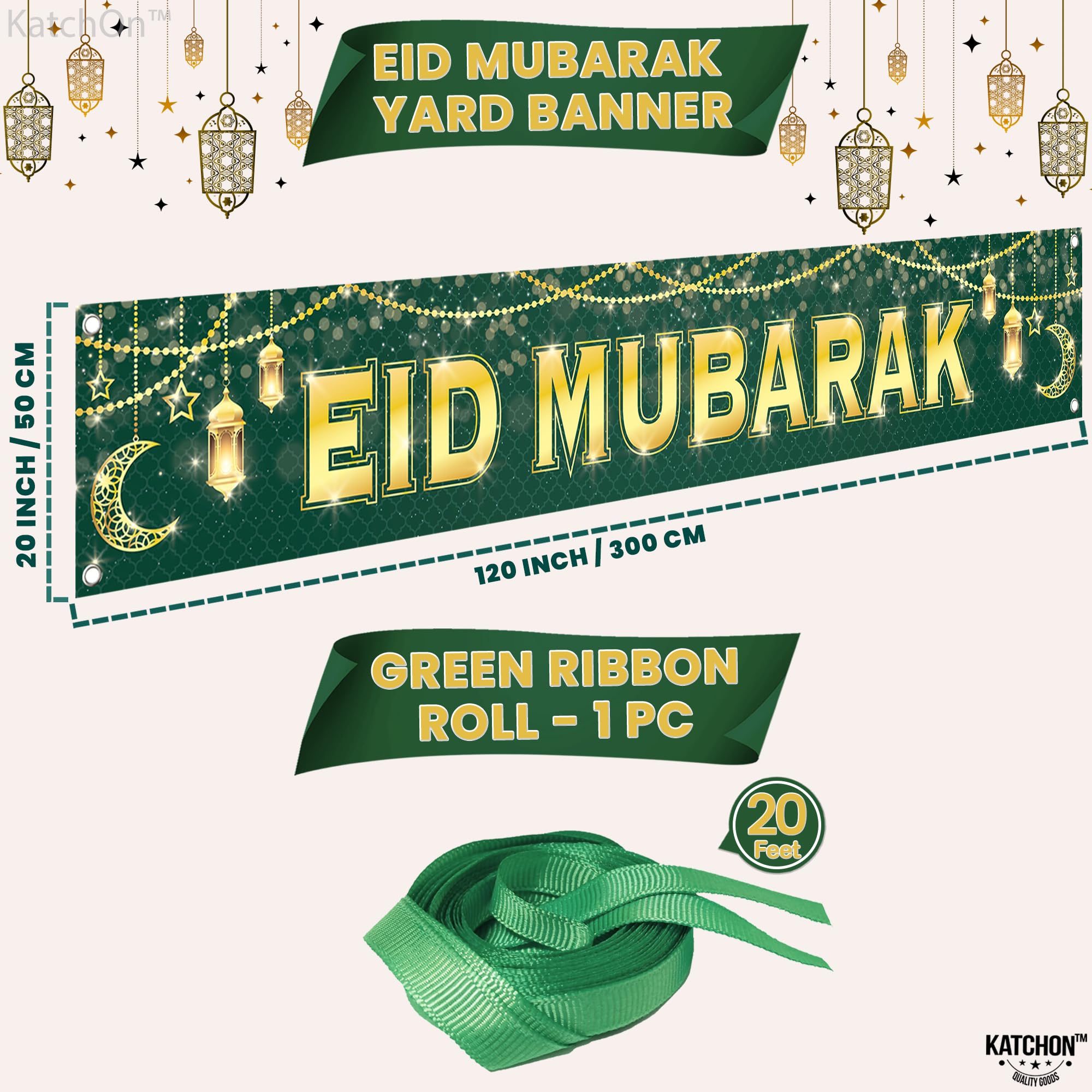 Large Eid Mubarak Banner 120x20 Inch Green Gold Design – KatchOn Reusable Cloth Banner for Eid al-Fitr & al-Adha Decorations