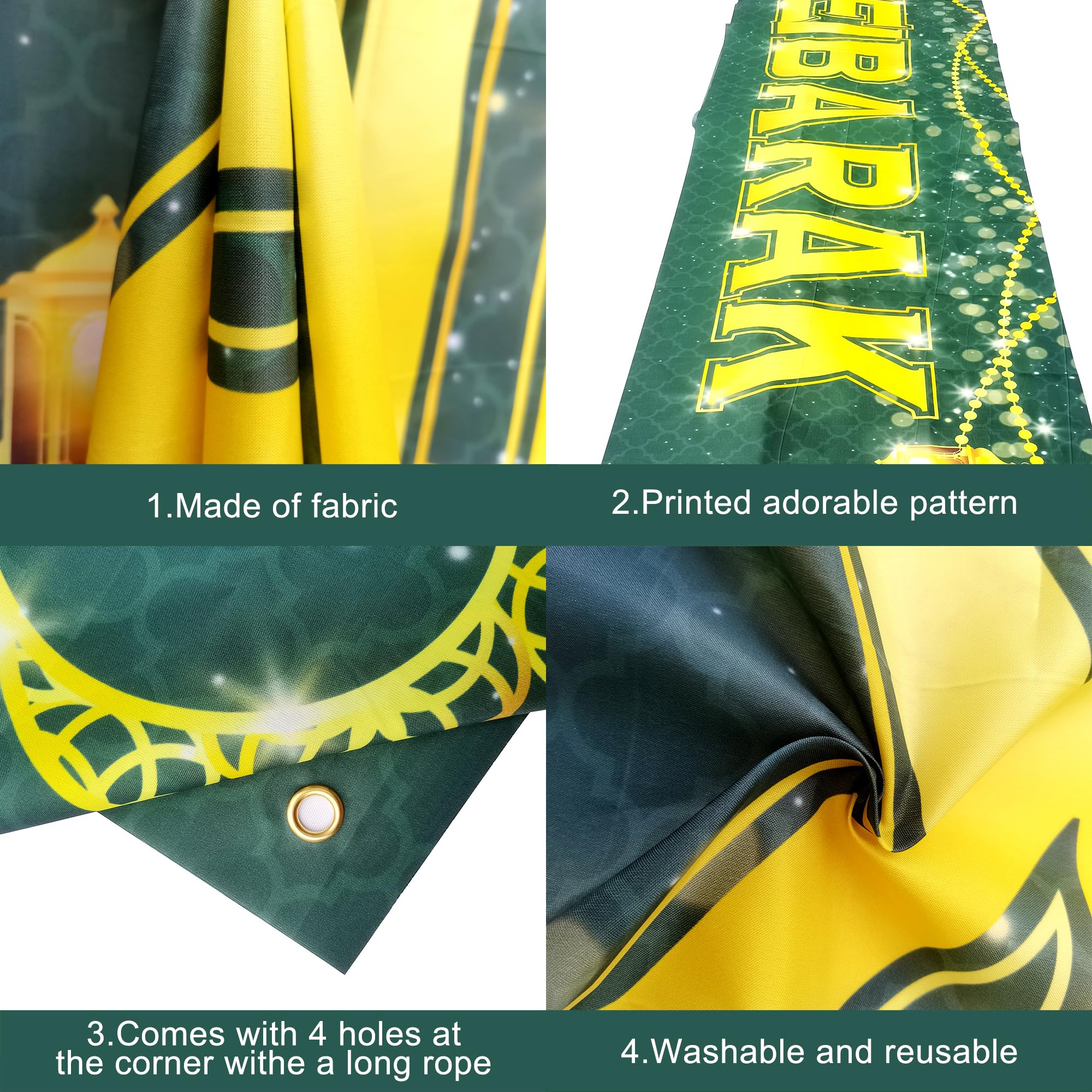 Large Eid Mubarak Banner 120x20 Inch Green Gold Design – KatchOn Reusable Cloth Banner for Eid al-Fitr & al-Adha Decorations