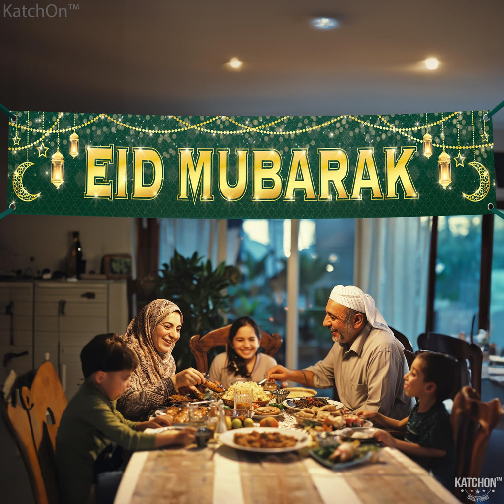 Large Eid Mubarak Banner 120x20 Inch Green Gold Design – KatchOn Reusable Cloth Banner for Eid al-Fitr & al-Adha Decorations