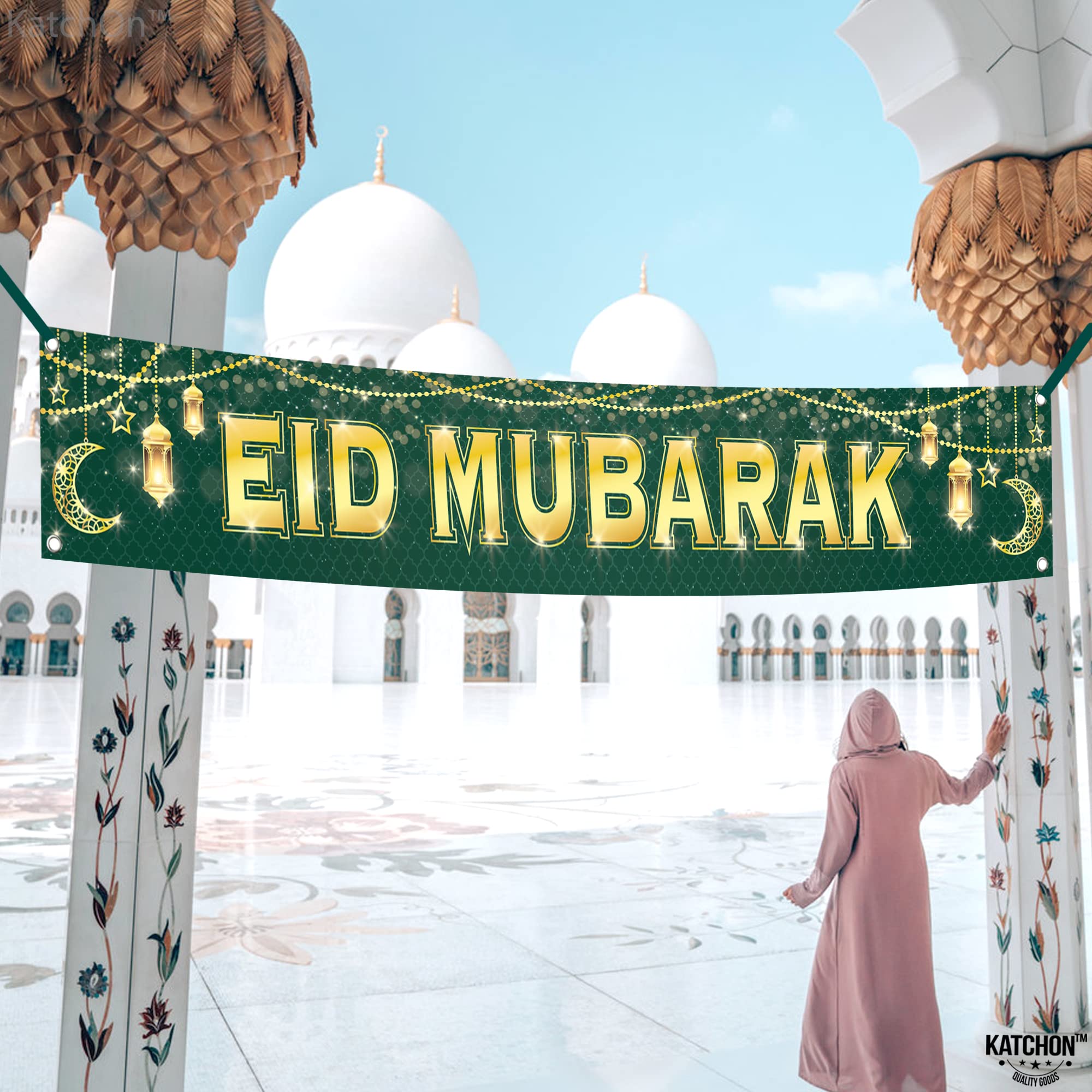 Large Eid Mubarak Banner 120x20 Inch Green Gold Design – KatchOn Reusable Cloth Banner for Eid al-Fitr & al-Adha Decorations