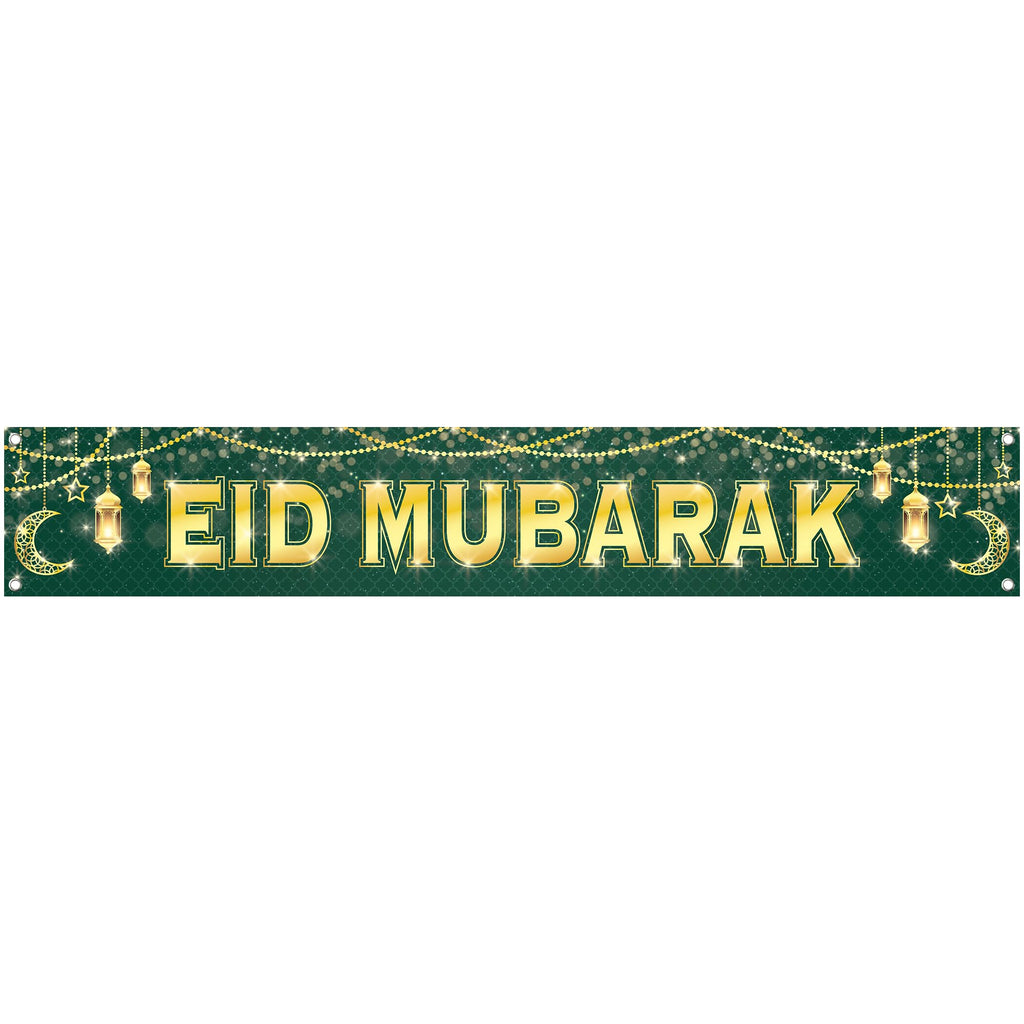 Large Eid Mubarak Banner 120x20 Inch Green Gold Design – KatchOn Reusable Cloth Banner for Eid al-Fitr & al-Adha Decorations