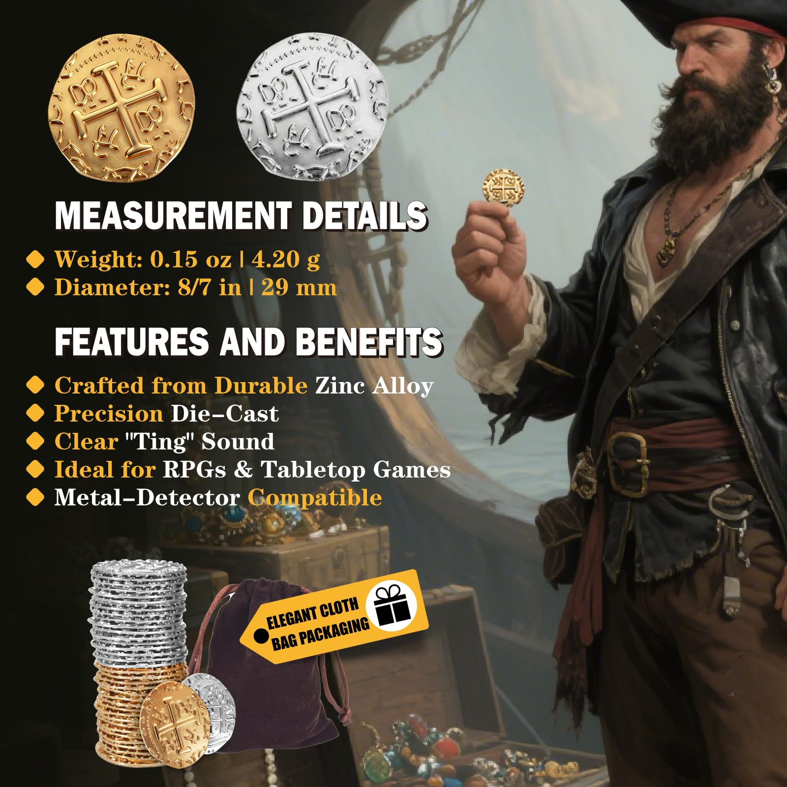 Large Metal Pirate Coins 36-Piece Set – Gold & Silver Spanish Doubloon Replicas for Board Games, Cosplay, and Treasure Chests
