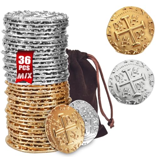 Large Metal Pirate Coins 36-Piece Set – Gold & Silver Spanish Doubloon Replicas for Board Games, Cosplay, and Treasure Chests