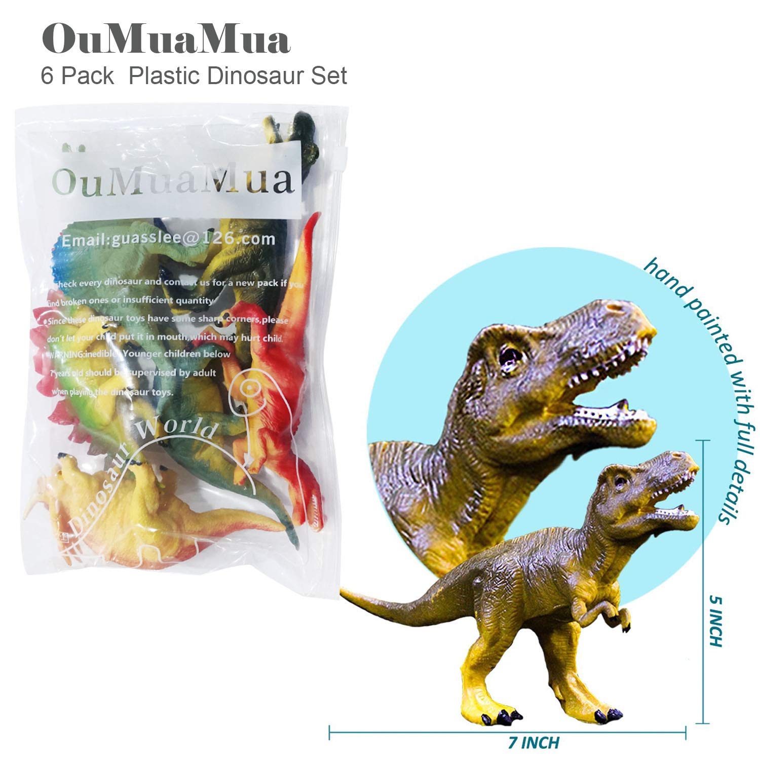 Large Realistic Dinosaur Figures Set – 6 Hand-Painted Vinyl Dinosaurs (T-Rex, Stegosaurus, More) by OuMuaMua