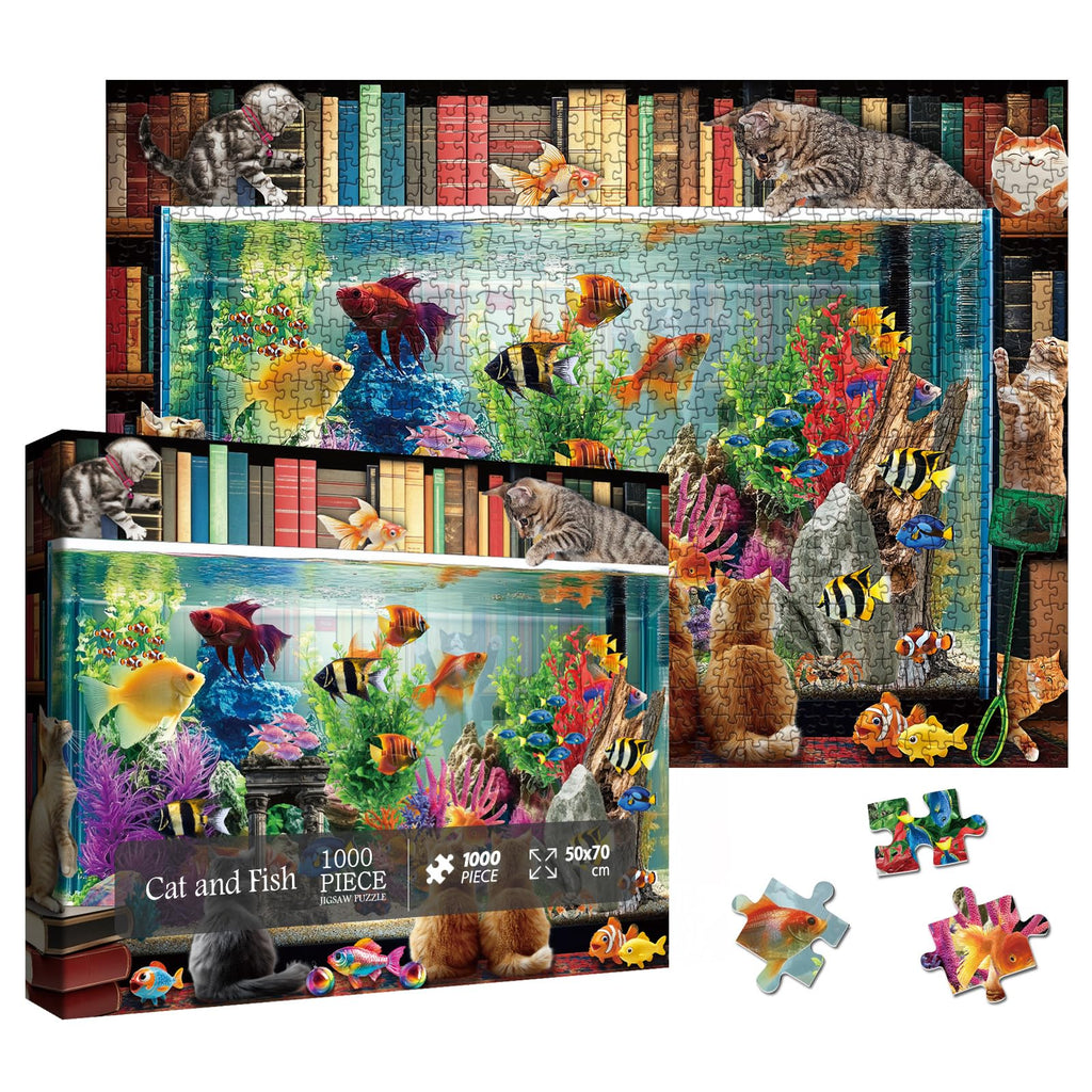 Larkipuzz 1000-Piece Cat Fish Jigsaw Puzzle – Vintage Bookshelf Aesthetic for Adults