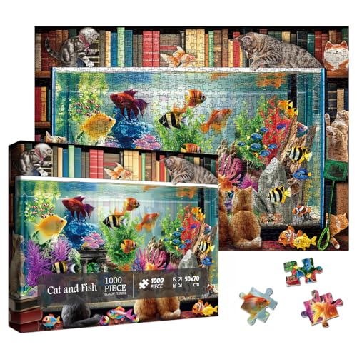 Larkipuzz 1000-Piece Cat Fish Jigsaw Puzzle – Vintage Bookshelf Aesthetic for Adults