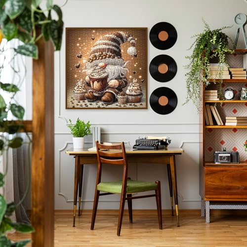 Larkipuzz Funny Gnome Coffee 1000-Piece Jigsaw Puzzle – Whimsical Art Elf with Cupcakes and Latte Art