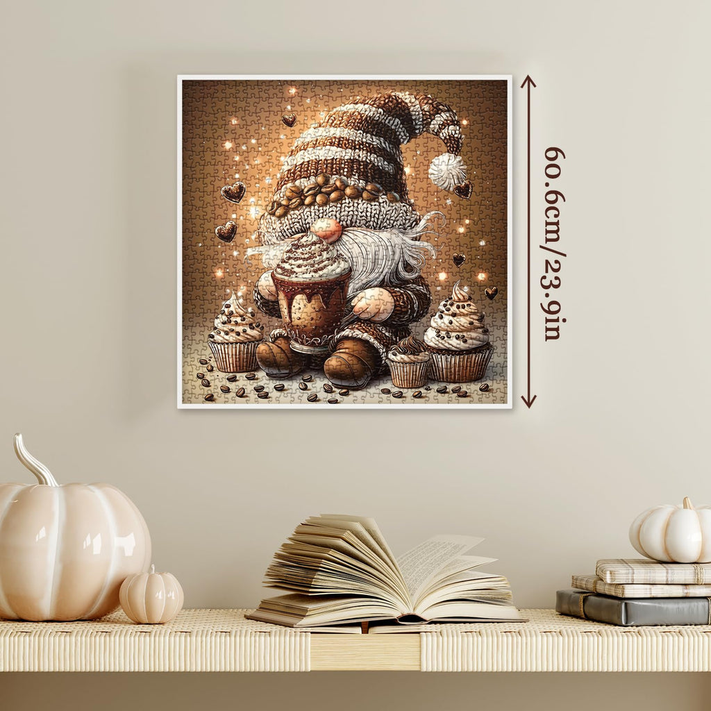 Larkipuzz Funny Gnome Coffee 1000-Piece Jigsaw Puzzle – Whimsical Art Elf with Cupcakes and Latte Art