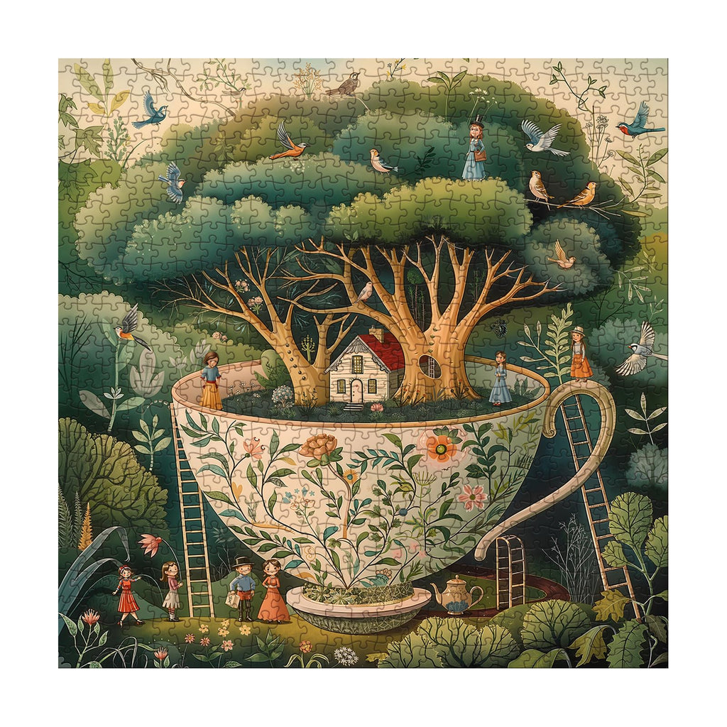 Larkipuzz Teacup Enchanted Garden 1000 Piece Jigsaw Puzzle for Adults – Magic Bird House Nature Art with Lettered Pieces
