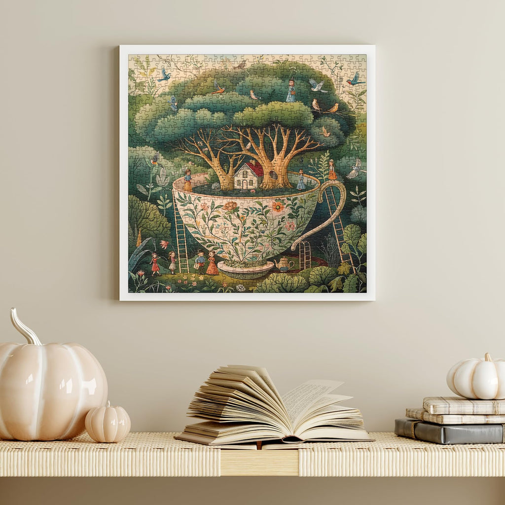 Larkipuzz Teacup Enchanted Garden 1000 Piece Jigsaw Puzzle for Adults – Magic Bird House Nature Art with Lettered Pieces