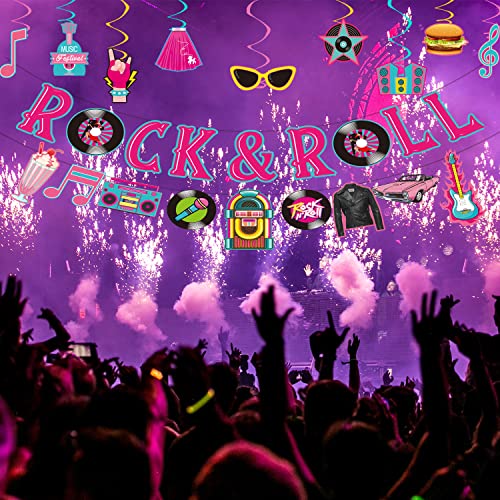 LARRAZABAL 50's Party Decorations Set – Rock and Roll Banner, Foil Swirls & Honeycomb Centerpieces for Retro 1950s Theme