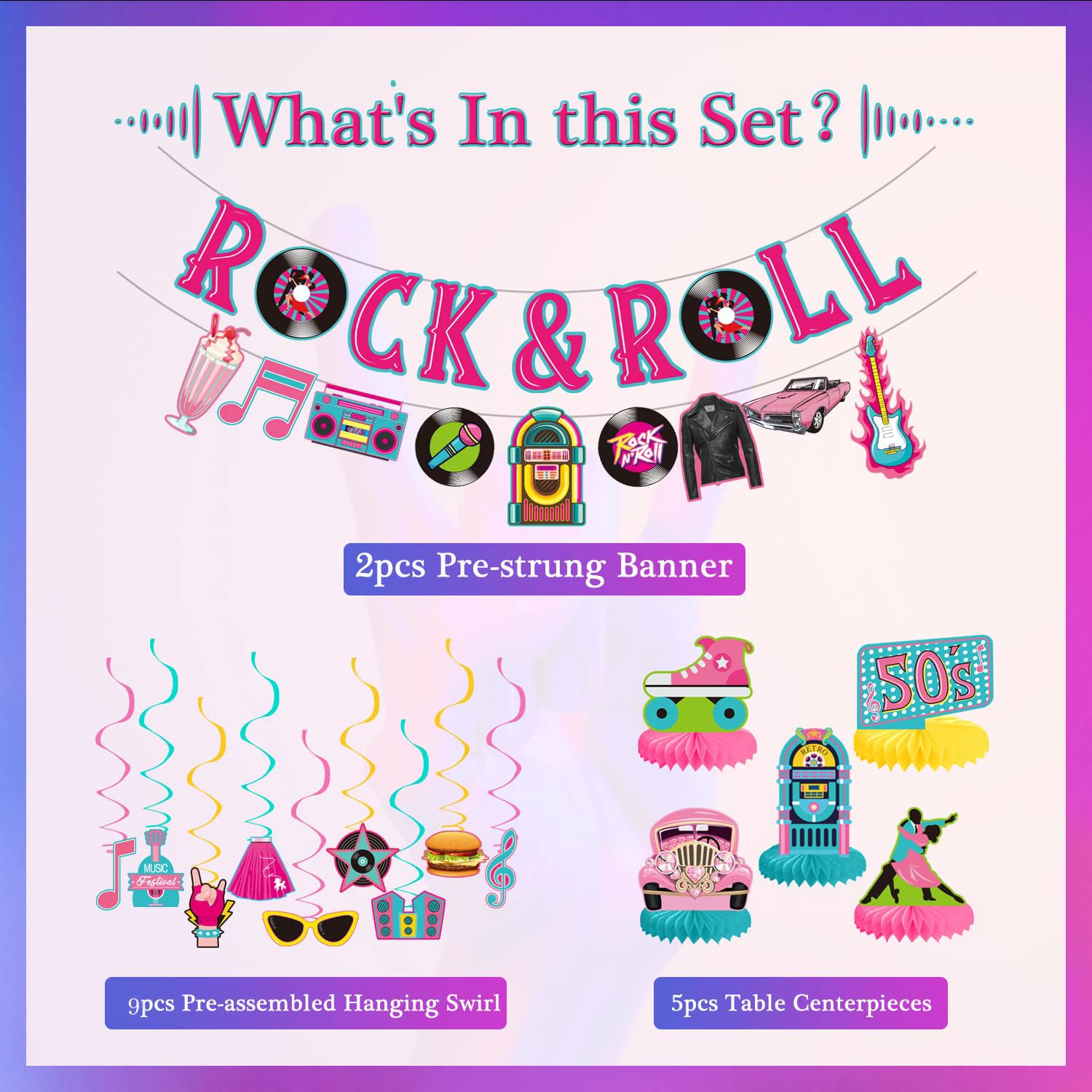 LARRAZABAL 50's Party Decorations Set – Rock and Roll Banner, Foil Swirls & Honeycomb Centerpieces for Retro 1950s Theme