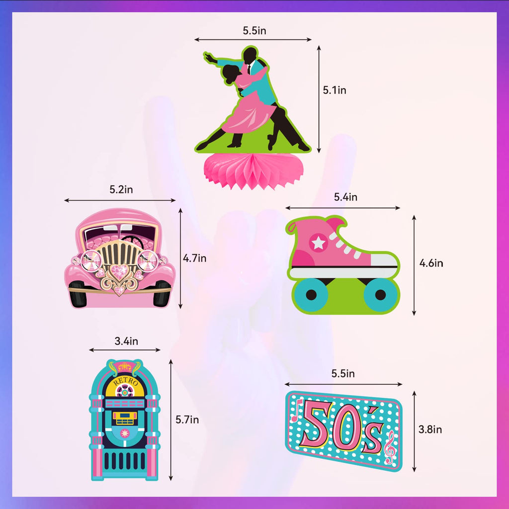 LARRAZABAL 50's Party Decorations Set – Rock and Roll Banner, Foil Swirls & Honeycomb Centerpieces for Retro 1950s Theme