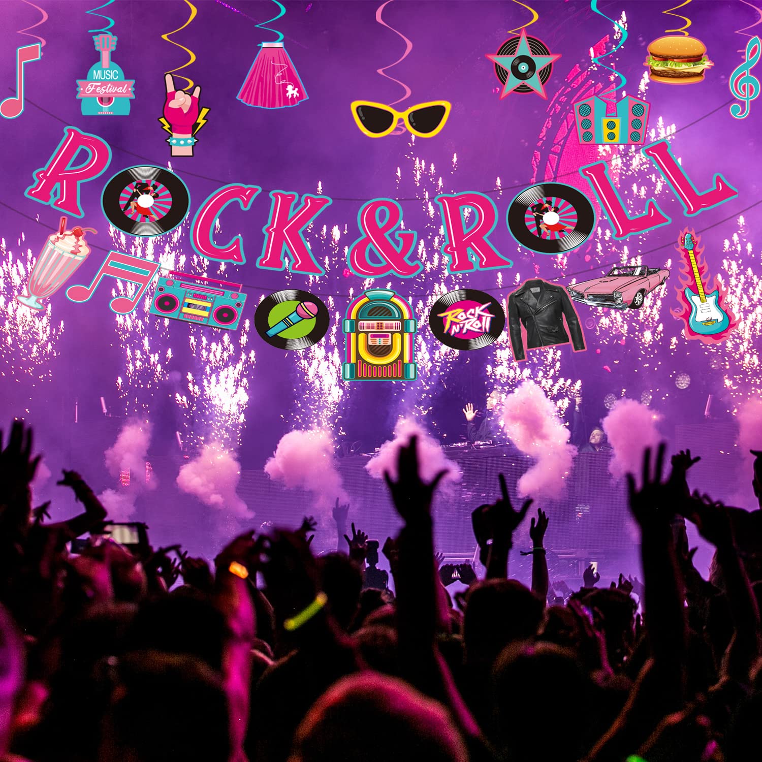 LARRAZABAL 50's Party Decorations Set – Rock and Roll Banner, Foil Swirls & Honeycomb Centerpieces for Retro 1950s Theme