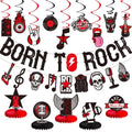 LARRAZABAL Rock and Roll Party Decorations Set - 25 Pieces with Born to Rock Banner, Foil Swirls & Honeycomb Centerpieces for Music-Themed Celebrations