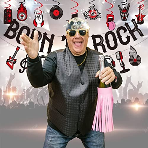 LARRAZABAL Rock and Roll Party Decorations Set - 25 Pieces with Born to Rock Banner, Foil Swirls & Honeycomb Centerpieces for Music-Themed Celebrations