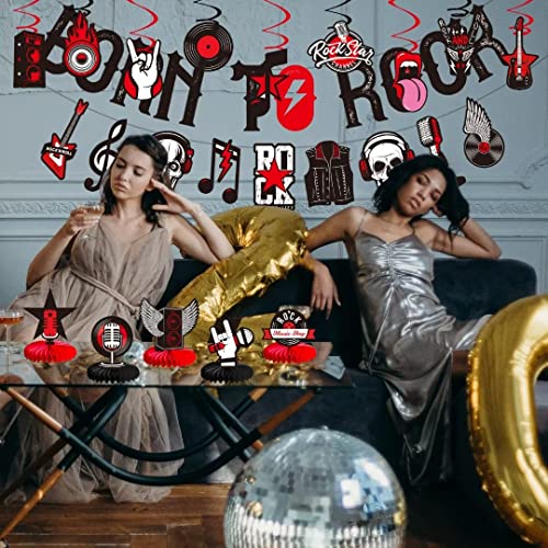 LARRAZABAL Rock and Roll Party Decorations Set - 25 Pieces with Born to Rock Banner, Foil Swirls & Honeycomb Centerpieces for Music-Themed Celebrations
