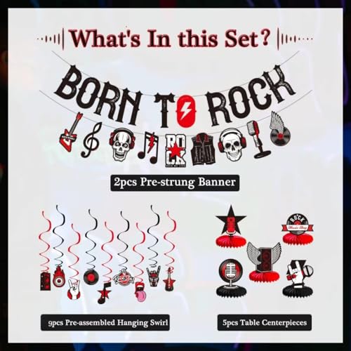 LARRAZABAL Rock and Roll Party Decorations Set - 25 Pieces with Born to Rock Banner, Foil Swirls & Honeycomb Centerpieces for Music-Themed Celebrations