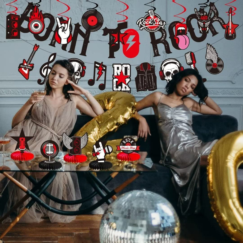 LARRAZABAL Rock and Roll Party Decorations Set - 25 Pieces with Born to Rock Banner, Foil Swirls & Honeycomb Centerpieces for Music-Themed Celebrations