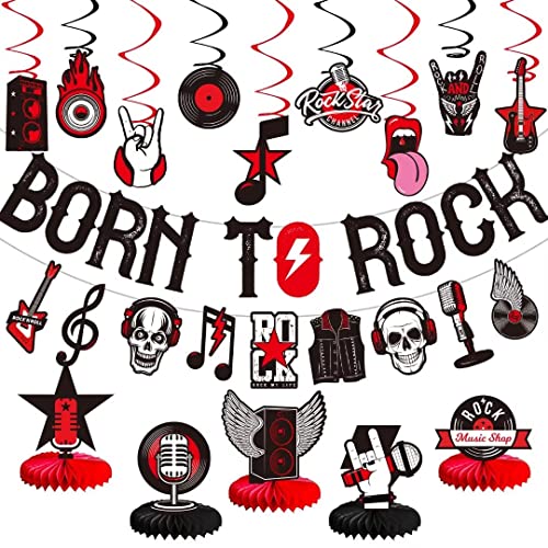LARRAZABAL Rock and Roll Party Decorations Set - 25 Pieces with Born to Rock Banner, Foil Swirls & Honeycomb Centerpieces for Music-Themed Celebrations