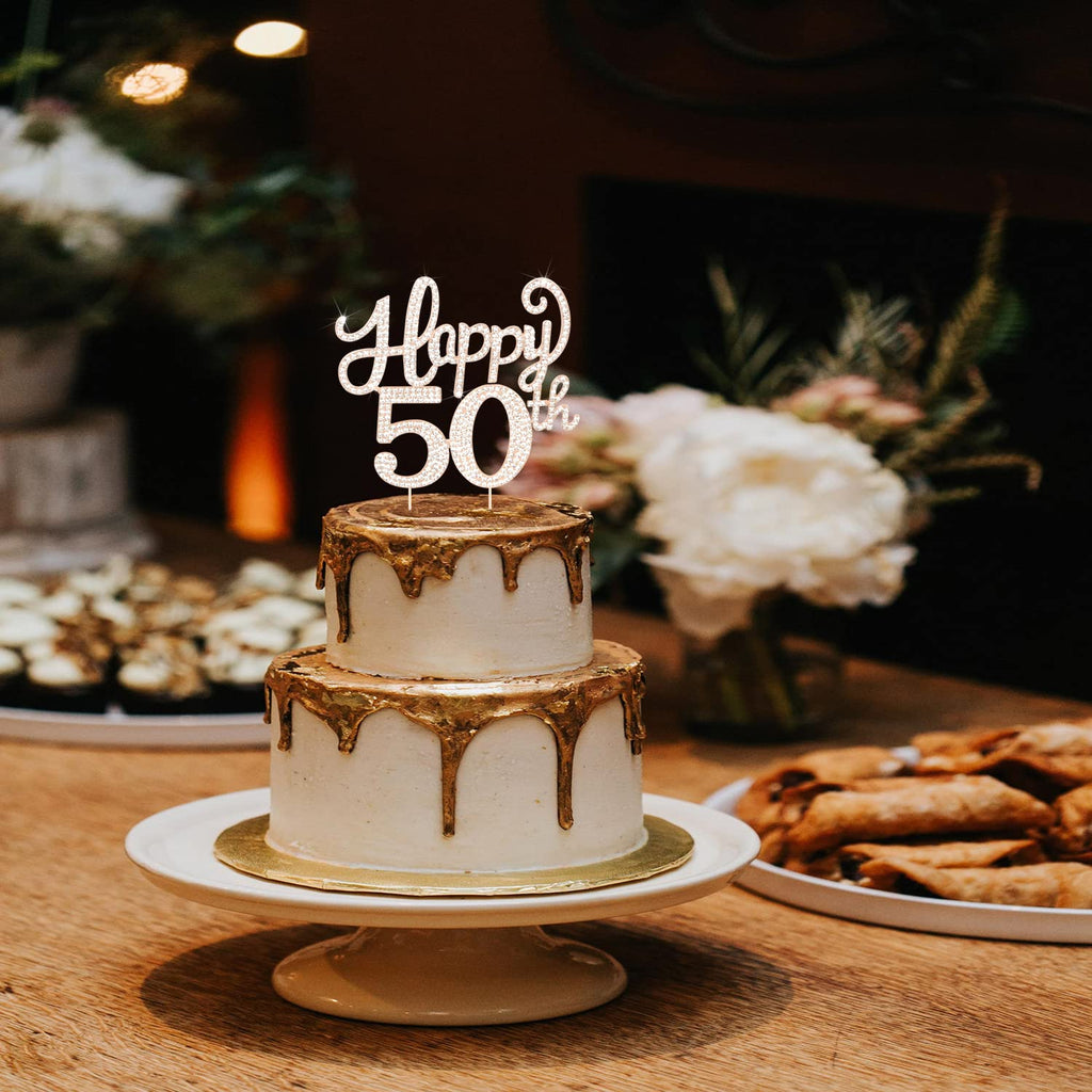 LASKYER 50th Birthday Gold Rhinestone Cake Topper – Cheers to Fifty Years, Metal Sparkly Keepsake