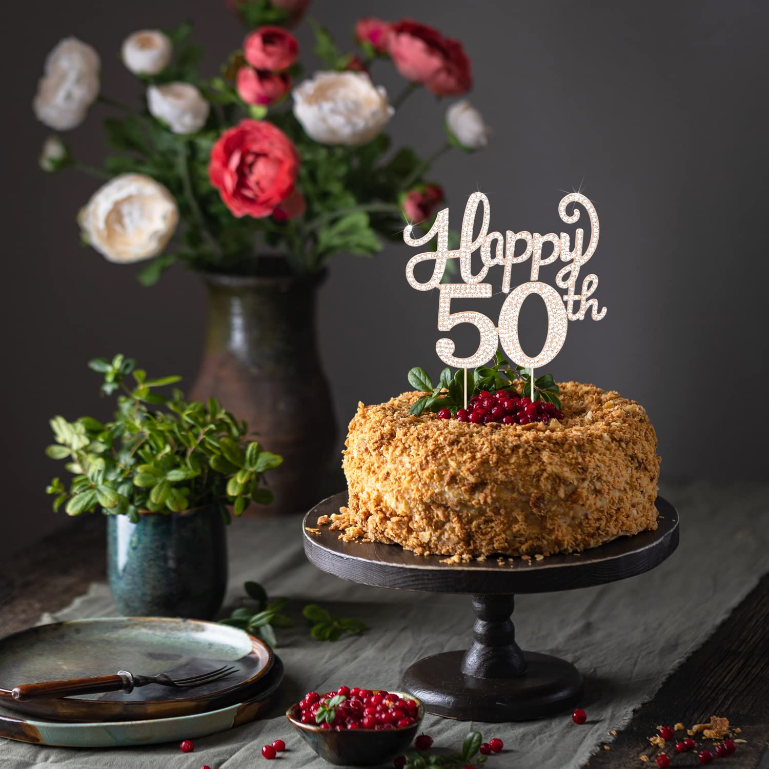 LASKYER 50th Birthday Gold Rhinestone Cake Topper – Cheers to Fifty Years, Metal Sparkly Keepsake