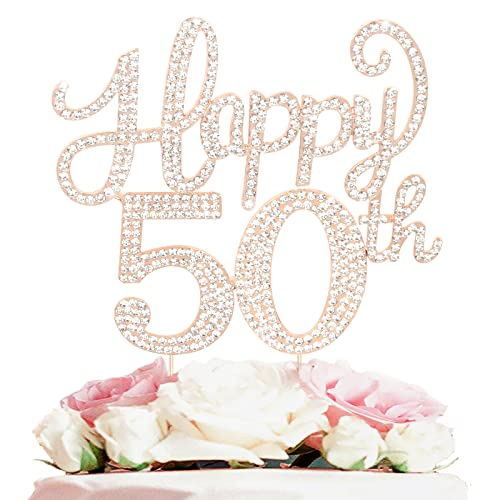 LASKYER 50th Birthday Gold Rhinestone Cake Topper – Cheers to Fifty Years, Metal Sparkly Keepsake