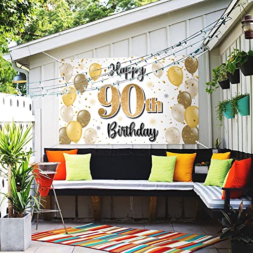 LASKYER 90th Birthday Banner Backdrop Set – Gold 78"x47" Polyester Oxford Fabric Decorations for Party