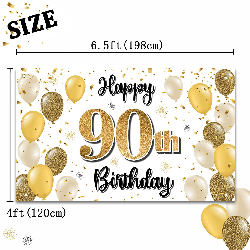LASKYER 90th Birthday Banner Backdrop Set – Gold 78"x47" Polyester Oxford Fabric Decorations for Party
