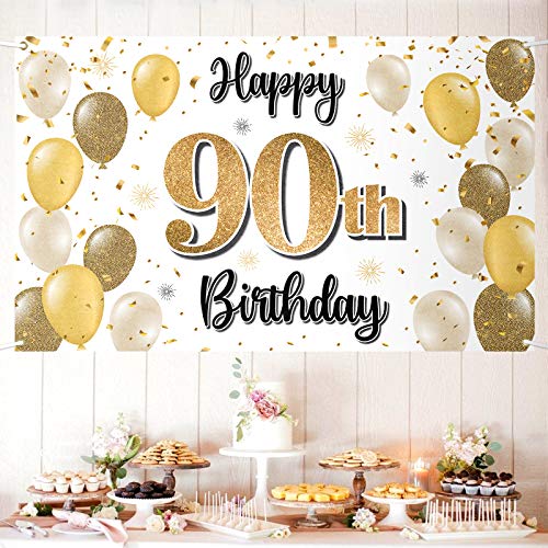 LASKYER 90th Birthday Banner Backdrop Set – Gold 78"x47" Polyester Oxford Fabric Decorations for Party