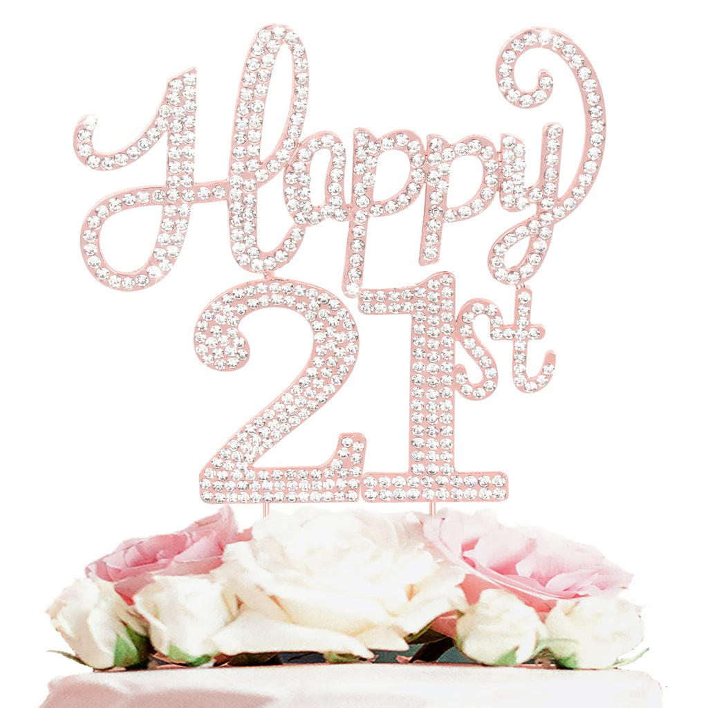 LASKYER Happy 21st Birthday Rose Gold Rhinestone Cake Topper – Keepsake Metal Decor for 21st Birthday Party