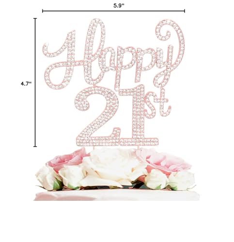 LASKYER Happy 21st Birthday Rose Gold Rhinestone Cake Topper – Keepsake Metal Decor for 21st Birthday Party