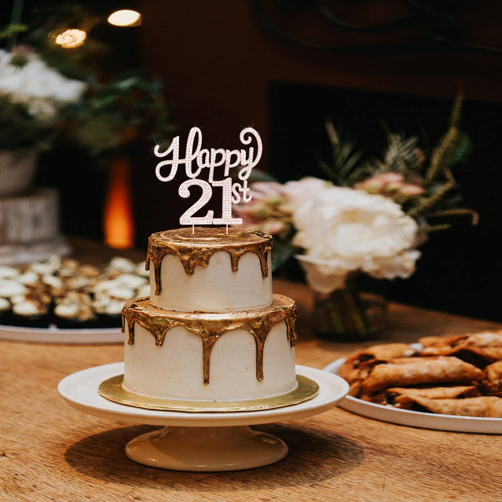 LASKYER Happy 21st Birthday Rose Gold Rhinestone Cake Topper – Keepsake Metal Decor for 21st Birthday Party