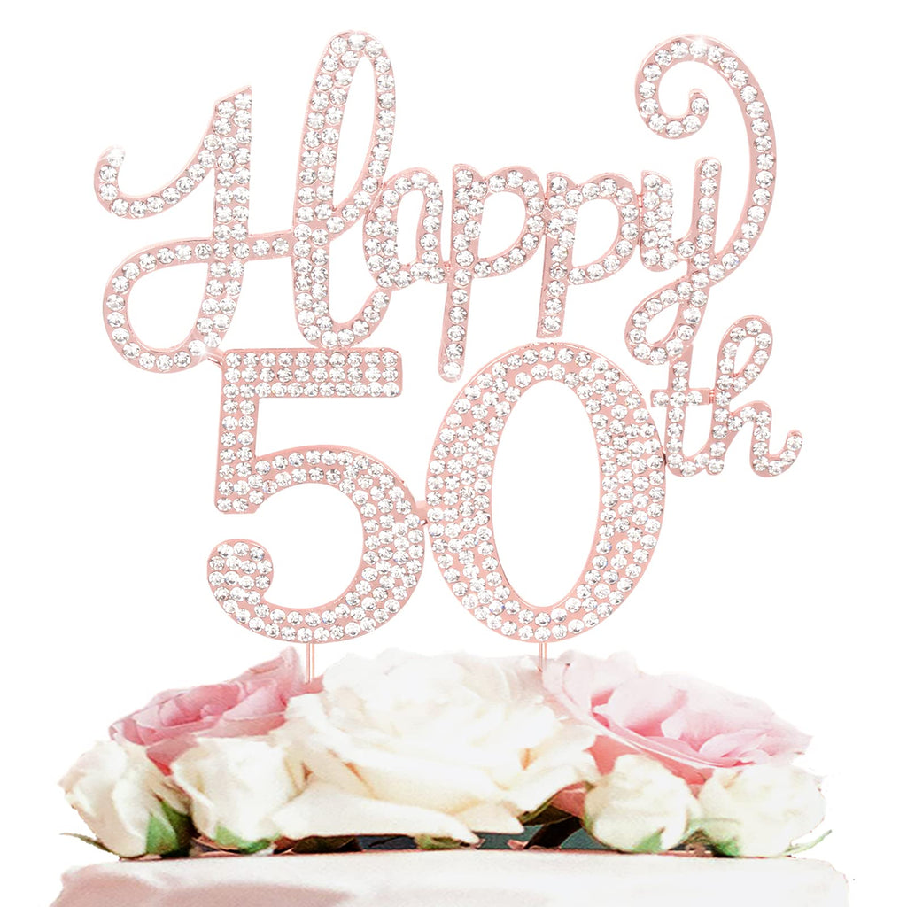 LASKYER Happy 50th Birthday Cake Topper – Rose Gold Rhinestone Metal Sign for 50th Birthday Party Decor