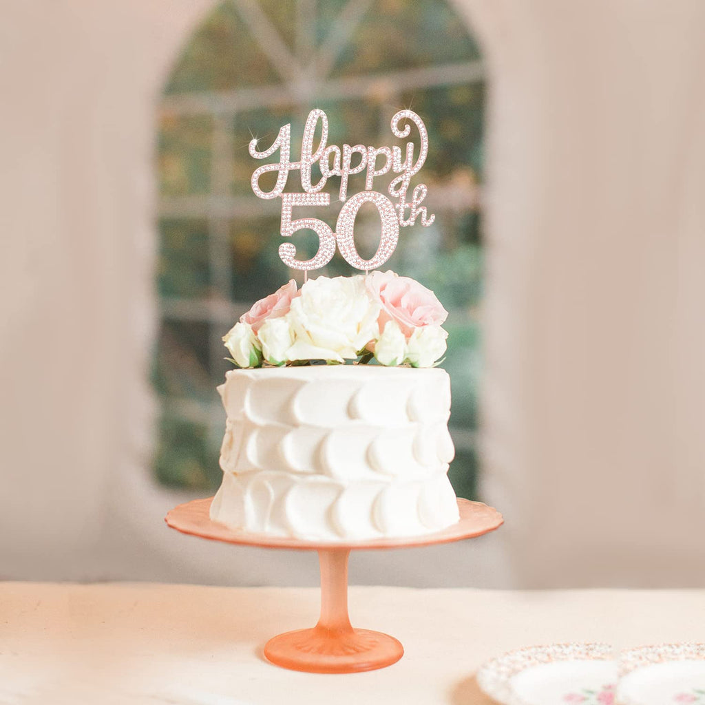LASKYER Happy 50th Birthday Cake Topper – Rose Gold Rhinestone Metal Sign for 50th Birthday Party Decor