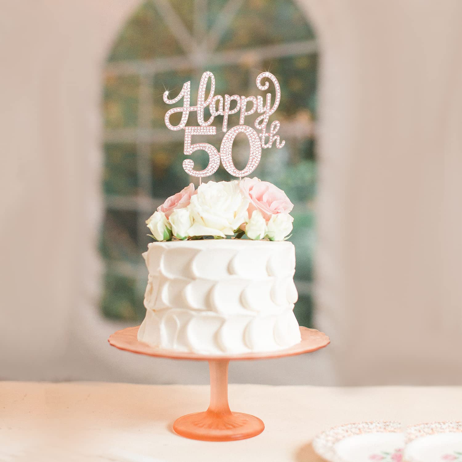 LASKYER Happy 50th Birthday Cake Topper – Rose Gold Rhinestone Metal Sign for 50th Birthday Party Decor