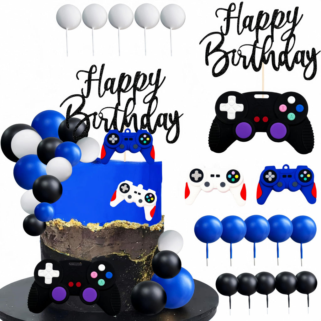 LAST HOE DOWN Video Game Cake Topper – Blue Controller, Balls & Happy Birthday Sign